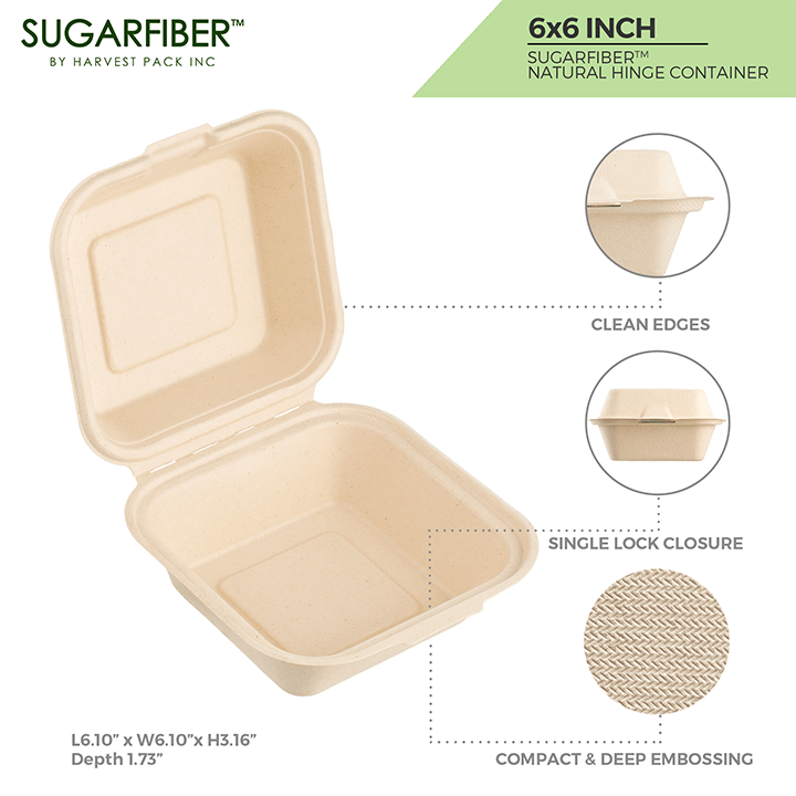 Sugarfiber™ 6x6 inch Square Hinged Container PFAS Free — HAKOWARE